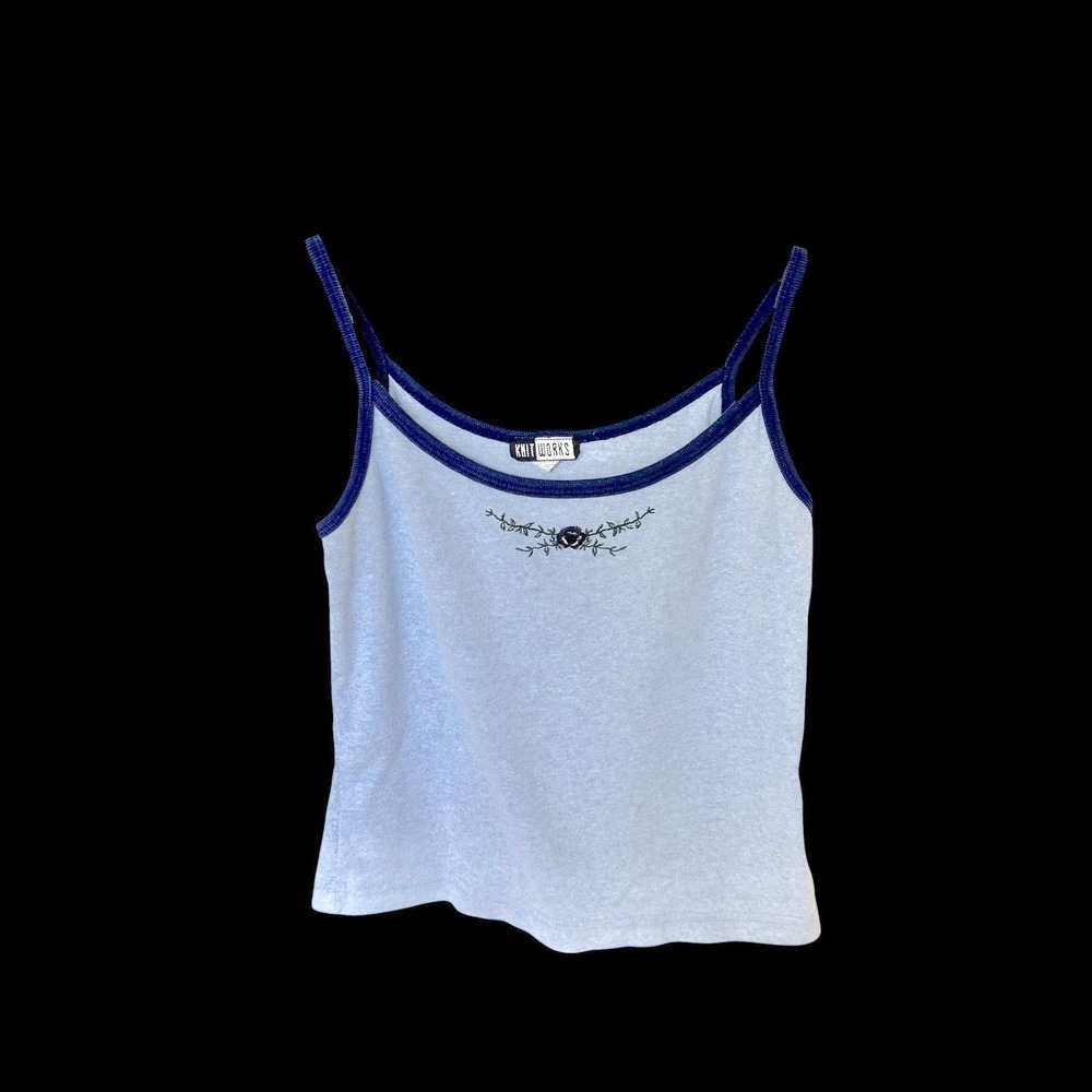 Knit Works Vintage 90's Blue Navy Ringer Cami Tank Top Rose Embroidery XL